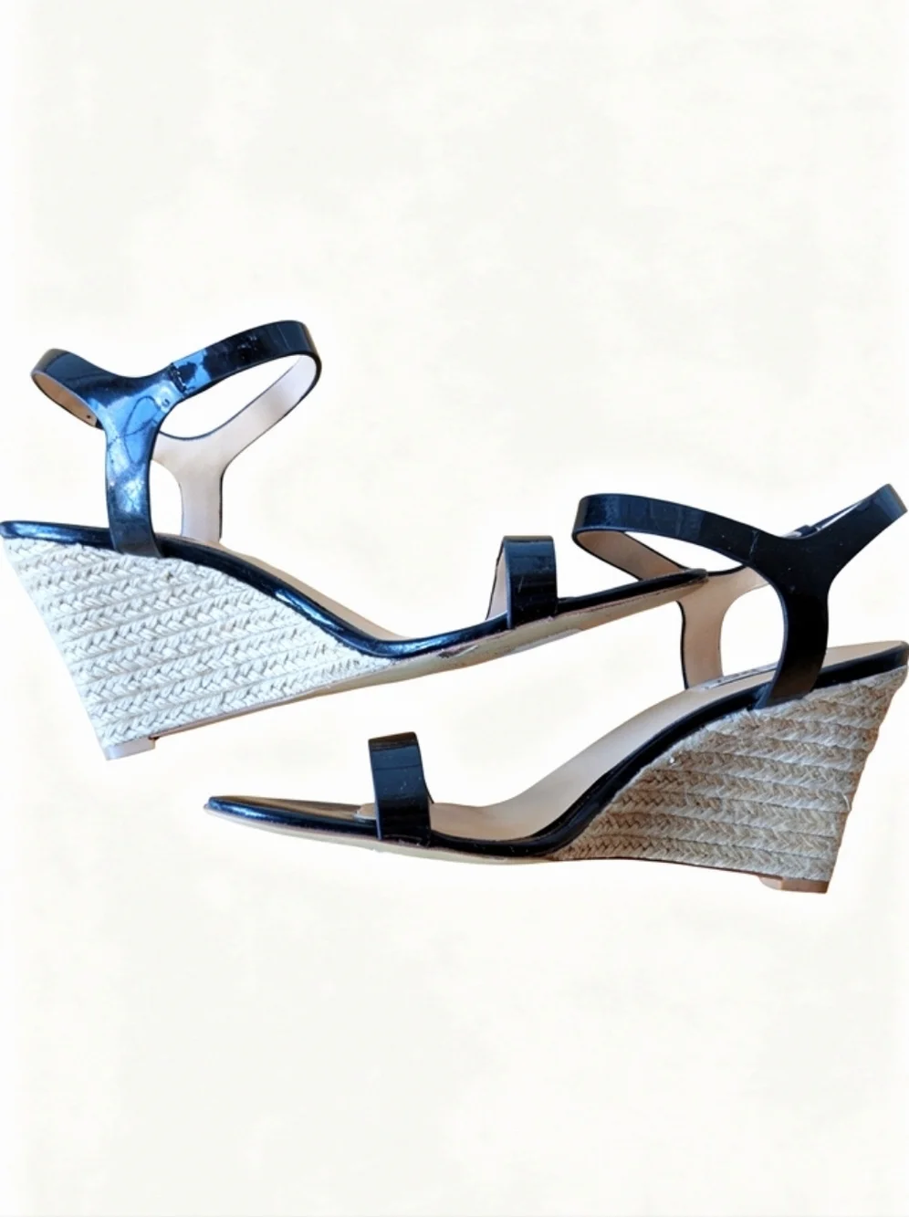 Badgley Mischka Black Patent Leather Espadrille Wedge Sandals Size 8.5